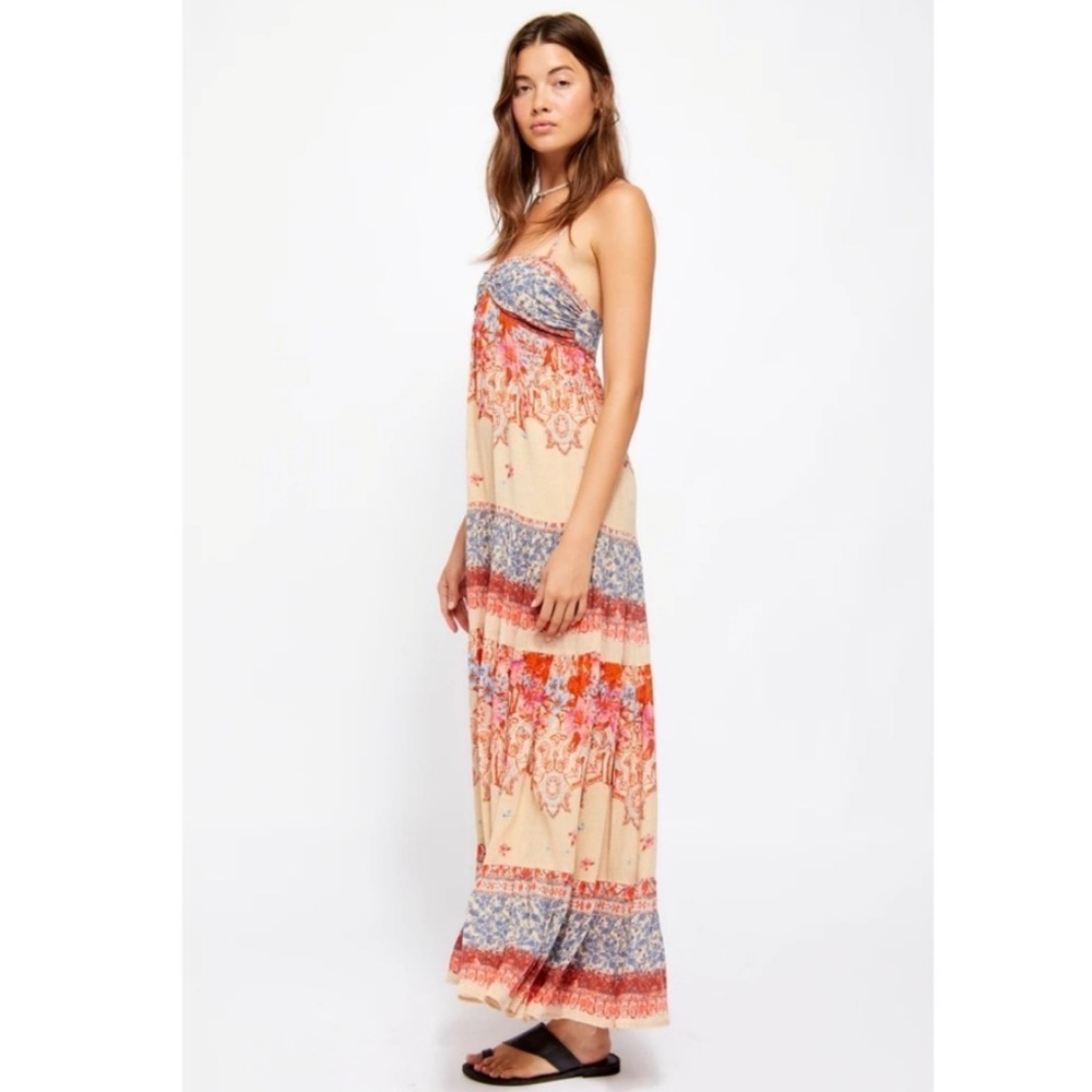 Free People Beige Floral Tiered Maxi Dress with Red and Blue Accents - Picture 2 of 13